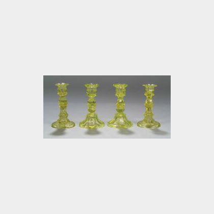 Two Pairs of Canary Yellow Pressed Glass Candlesticks