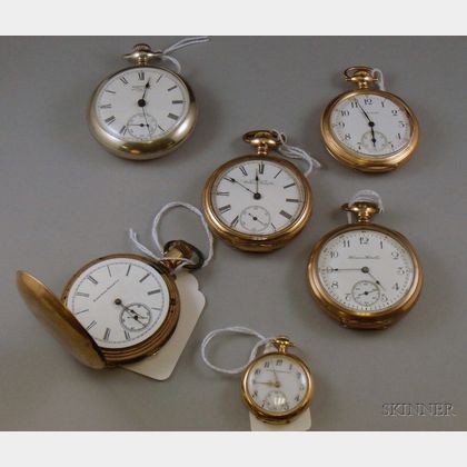 Group of Six Pocket Watches by Waltham, Hampden, and Elgin