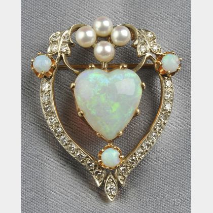 Opal, Cultured Pearl, and Diamond Pendant/Brooch