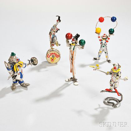 Five Italian Silver and Enamel Circus Figures