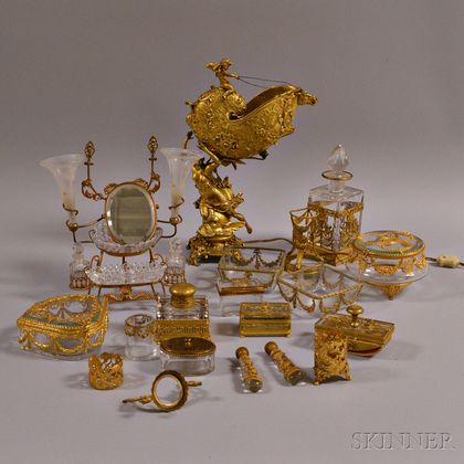 Fourteen Gilt-metal Mounted Glass Desk Items. Estimate $200-400