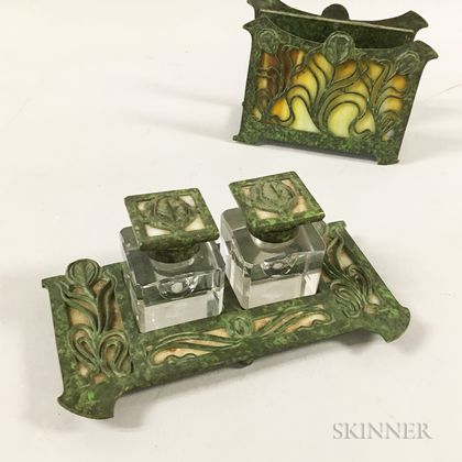 Art Nouveau Patinated Metal and Glass Letter Holder and Inkstand