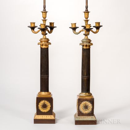 Pair of Patinated- and Gilt-bronze Candelabra Table Lamps