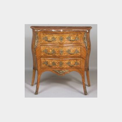 Louis XV Style Marquetry Inlaid Tulipwood and Gilt Bronze Mounted Marble-Top Commode