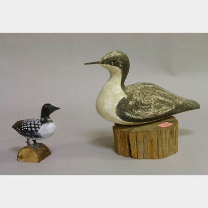 Carved and Painted Wooden Shorebird and a Small Duck