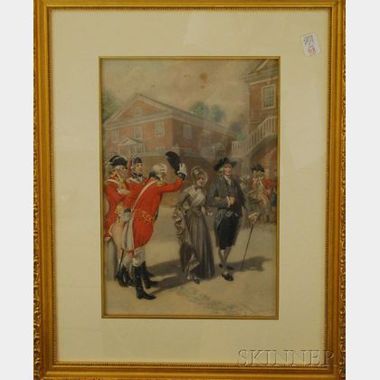Framed H.A. Ogden, Hand-colored Aquatint Print A Red Coat Greeting.