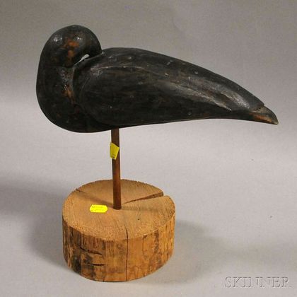 Folk Carved and Painted Wooden Sleeping Shorebird Decoy on Stand