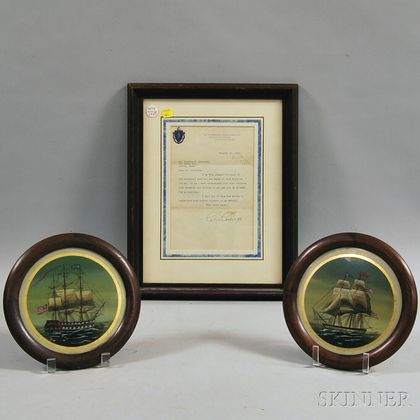Framed Calvin Coolidge Letter and a Pair of Reverse-painted Ship Portraits