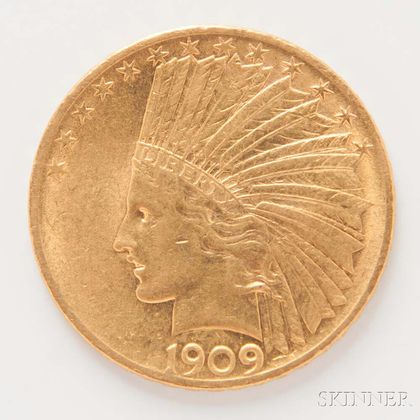 1909 $10 Indian Head Gold Coin. Estimate $500-700