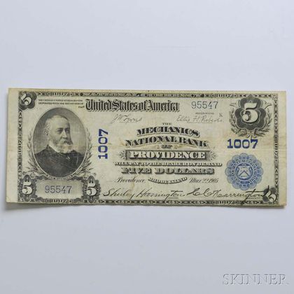1902 The Mechanics National Bank $5 Plain Back Note