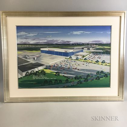 Framed Oil on Board Rendering of the American Airlines Maintenance Facilities at JFK Airport