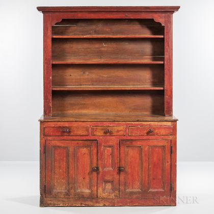 Red-painted Pine Two-piece Step-back Cupboard or Buffet-Dresser