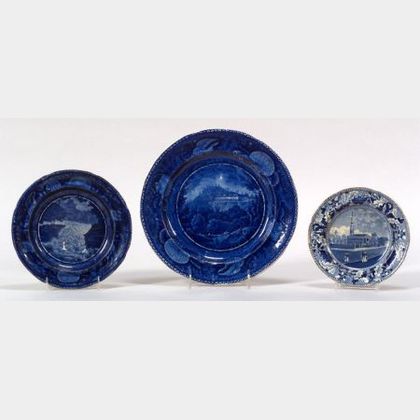Three Blue Transferware Staffordshire Pottery Plates