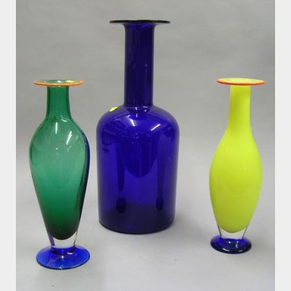 Holmgaard Cobalt Blue Glass Bottle Vase and Two Orrefors Colored Glass Vases
