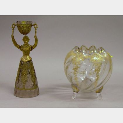 Gilt-metal Mounted Colorless Glass Figural Wedding Cup and a Gilt Enamel Decorated Footed Colorless Glass Rose ... 