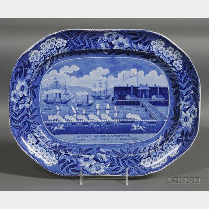Blue and White Transfer Decorated Staffordshire Platter "Landing of LaFayette,"