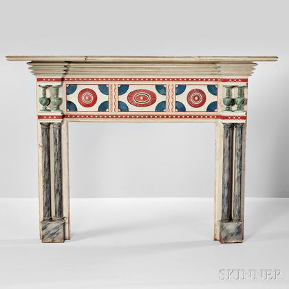 Carved and Polychrome Painted and Marblized Mantelpiece