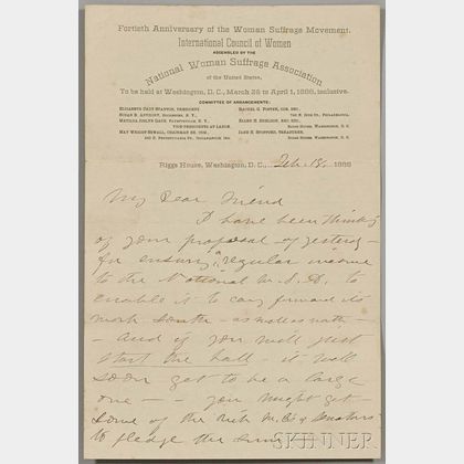 Anthony, Susan B. (1820-1906) Autograph Letter Signed, 18 February 1888 [or 1 September 1890].