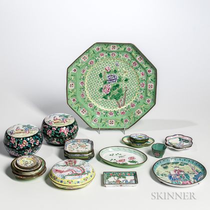 Group of Canton Enamel Dishes and Covered Boxes