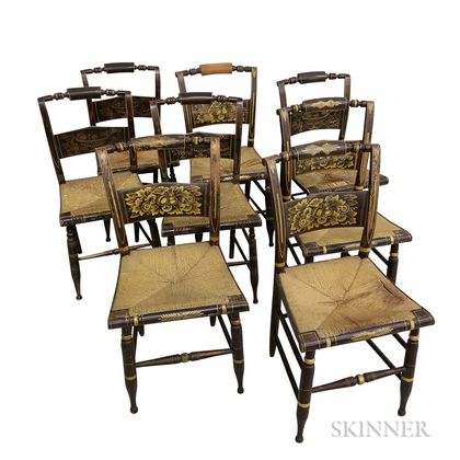 Assembled Set of Eight Grain-painted and Stenciled Fancy Chairs