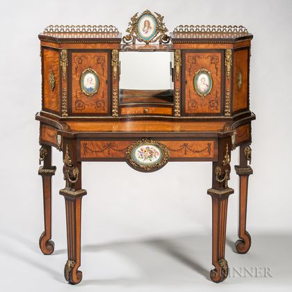 Louis XIV-style Mahogany-and Satinwood-veneered Desk with Porcelain and Ormolu Mounts