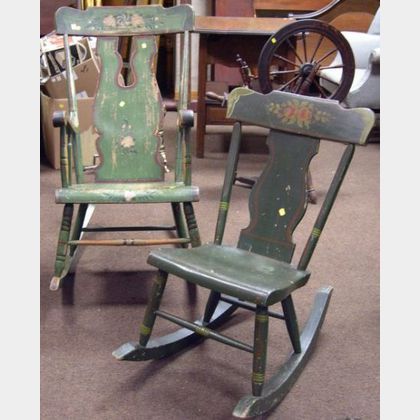 Two Green Painted and Floral Decorated Wooden Rockers