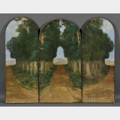 Three-panel Tombstone-shaped Screen with Painted Landscape