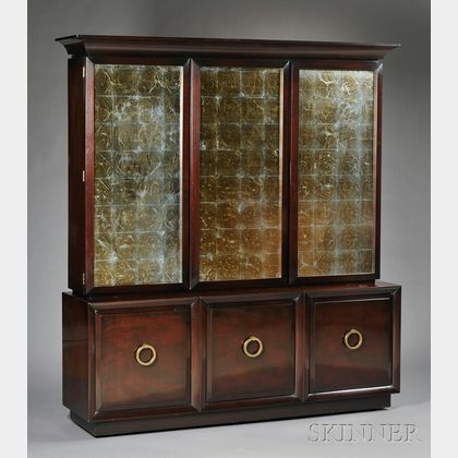 T.H. Robsjohn Gibbings Reverse Foil-mounted Glass and Mahogany Three-door Cabinet