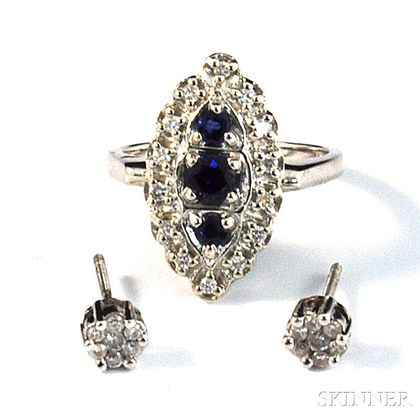 Pair of Diamond Earstuds and a 14kt White Gold, Sapphire, and Diamond Ring