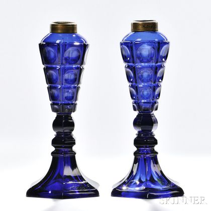 Pair of Cobalt-blue Pressed Glass Four-printie Block Pattern Lamps
