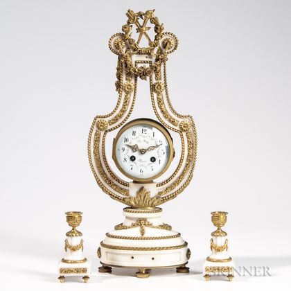 Gilt-bronze-mounted Alabaster Clock Garniture