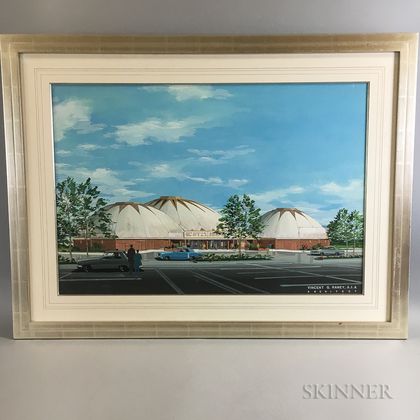 Framed Architectural Gouache Rendering of Triple Dome Theater in San Juan