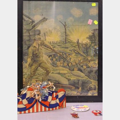 Two Framed WWI Era Patriotic Lithograph Prints and Patriotic Ephemera. 