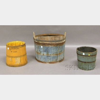 Blue-painted Wooden Wash Tub, Pail, and a Mustard-painted and Stencil-labeled Wooden Five-gallon Paint Pail