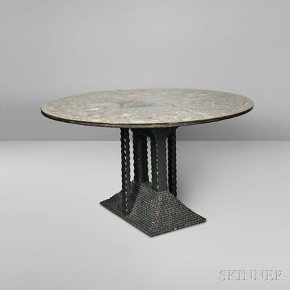 Tramp Art Center Table with Cigar Decoupage Top 