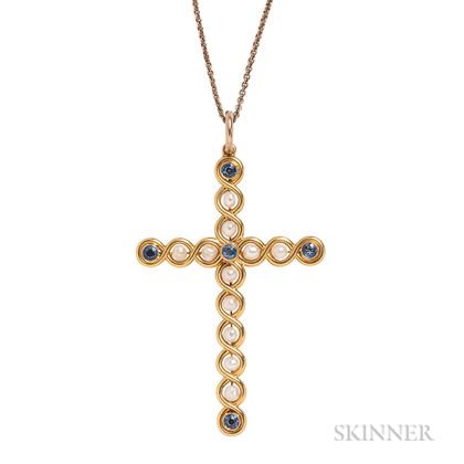 Art Nouveau 14kt Gold, Sapphire, and Pearl Cross
