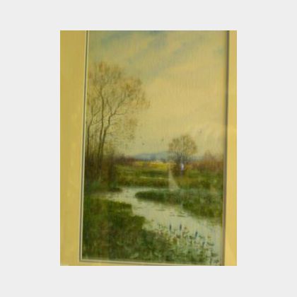 Framed Watercolor Landscape with a Stream