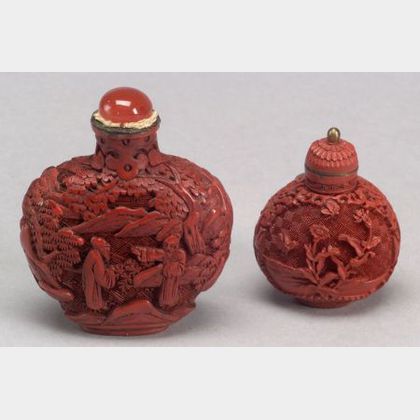 Two Carved Cinnabar Snuff Bottles