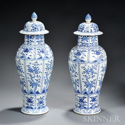 Pair of Blue and White Covered Vases