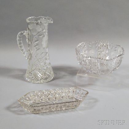 Three Colorless Floral Cut Glass Items