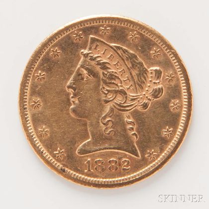 1882-S $5 Liberty Head Gold Coin. Estimate $300-400