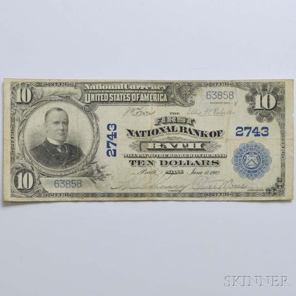 1902 The First National Bank of Bath $10 Plain Back Note