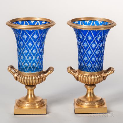 Pair of Gilt-bronze and Overlay Cut Glass Vases