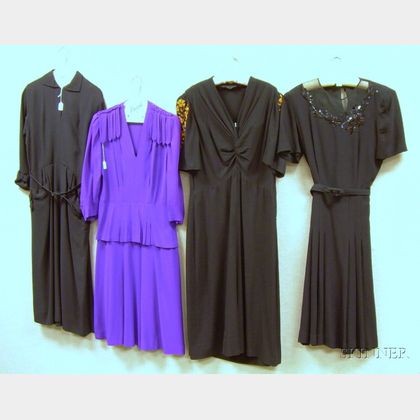 Three Black and One Purple 1940s Crepe Dresses