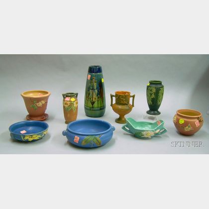 Seven Pieces of Roseville Pottery, a Weller Pottery Cornish Low Bowl, and a German/Austrian Art Pottery Vase
