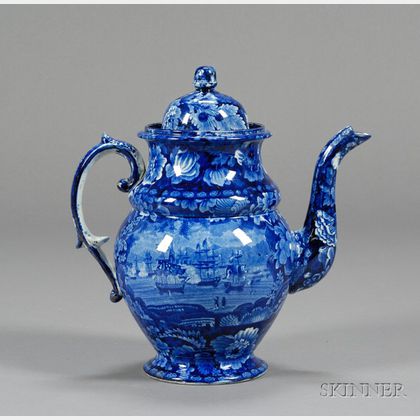 Historic Blue and White Transfer Decorated Pottery Coffeepot