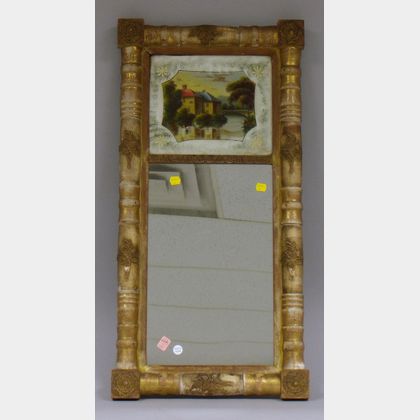 Late Federal Giltwood Split-baluster Mirror with Reverse-painted Glass Tablet Depicting a Pondside Home