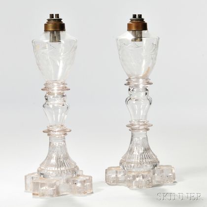 Pair of Free-blown, Cut, and Pressed Glass Lamps