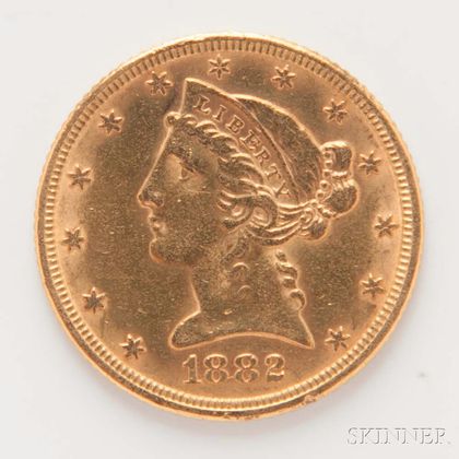 1882 $5 Liberty Head Gold Coin. Estimate $300-400