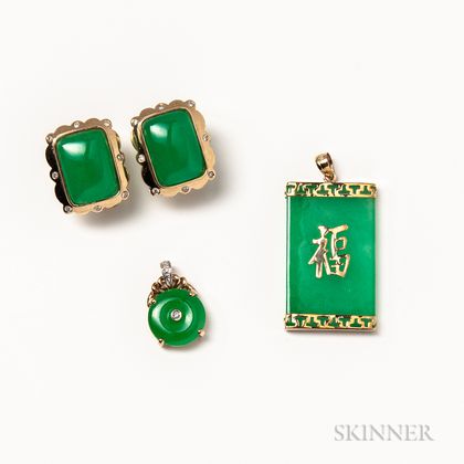 Pair of 14kt Gold, Jadeite, and Diamond Earrings and Two Jadeite Pendants